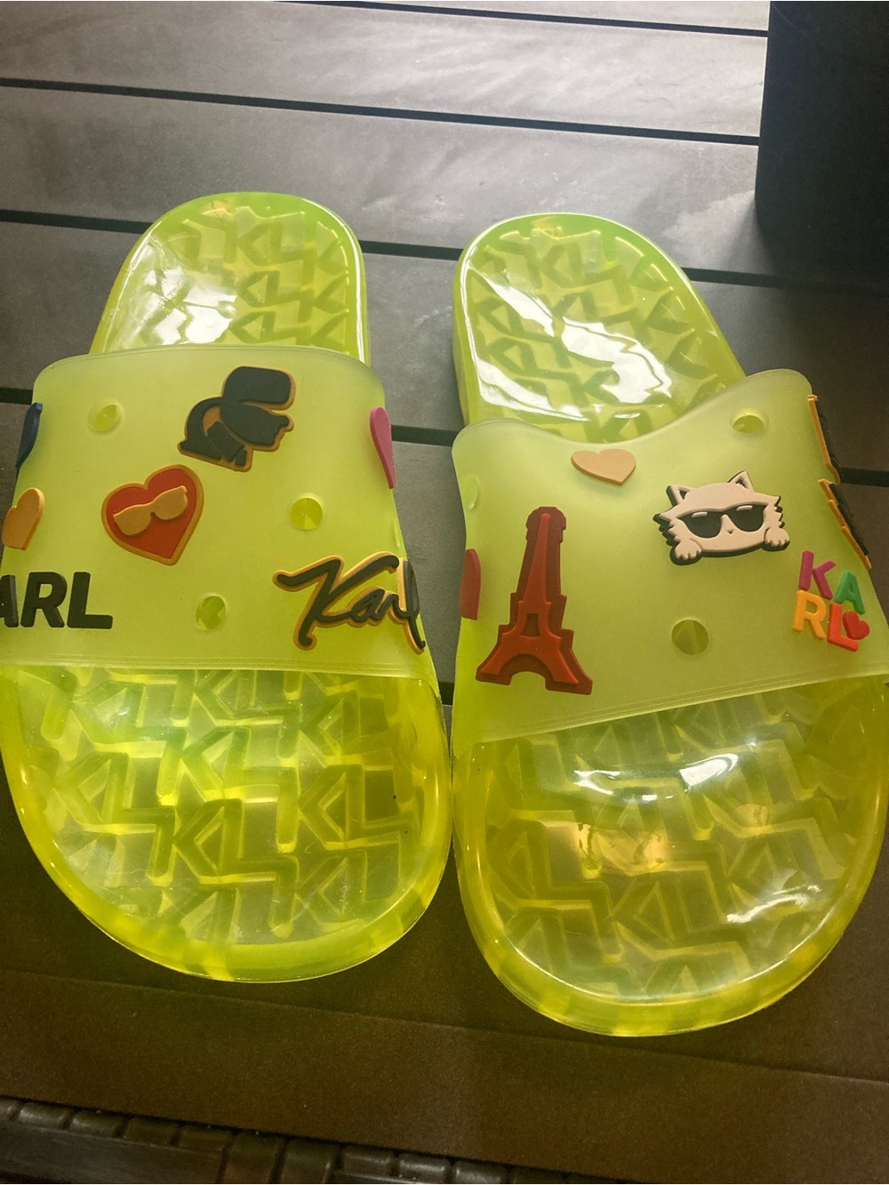 Karl Lagerfeld Neon Yellow  Slide Sandals with Fun Charms